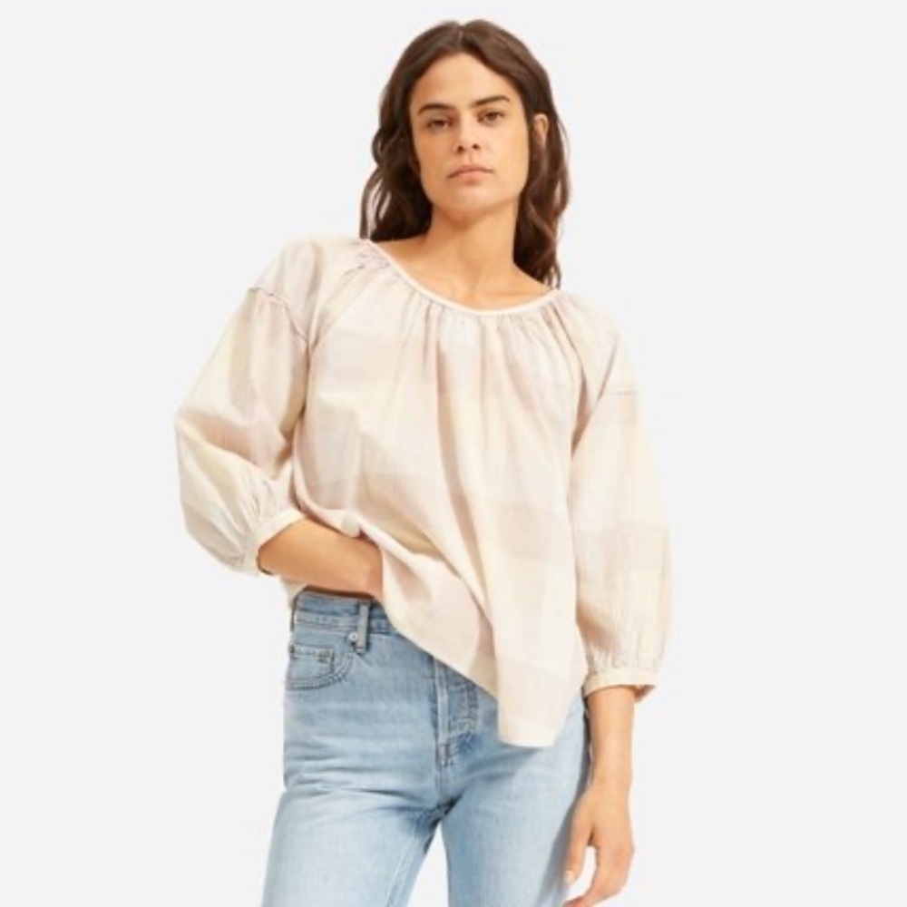 Everlane Cream Plaid Peasant Blouse